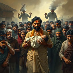 A dramatic portrayal of a village scene where power, faith, and corruption intertwine
