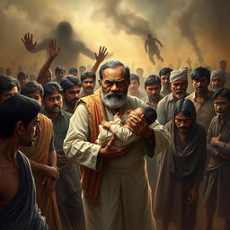 A dramatic portrayal of a village scene where power, faith, and corruption intertwine