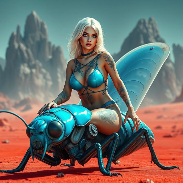 A captivating white woman with large breasts, enchanting blue eyes, and striking white hair, decorated with bright color tattoos across her body