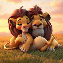 A 3D character design featuring Sarabi and Mufasa from The Lion King, lying together in a serene and affectionate pose