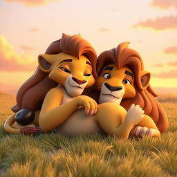 A 3D character design featuring Sarabi and Mufasa from The Lion King, lying together in a serene and affectionate pose