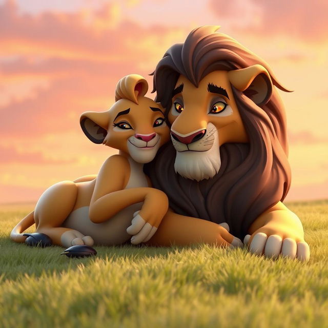 A 3D character design featuring Sarabi and Mufasa from The Lion King, lying together in a serene and affectionate pose