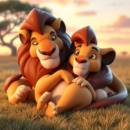 A 3D character design featuring Sarabi and Mufasa from The Lion King, lying together in a serene and affectionate pose