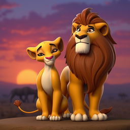 A 3D character design featuring Sarabi and Mufasa from The Lion King, portrayed in a warm and affectionate scene