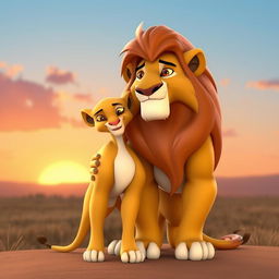 A 3D character design featuring Sarabi and Mufasa from The Lion King, portrayed in a warm and affectionate scene