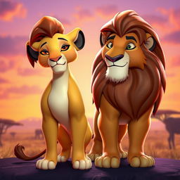 A 3D character design featuring Sarabi and Mufasa from The Lion King, portrayed in a warm and affectionate scene