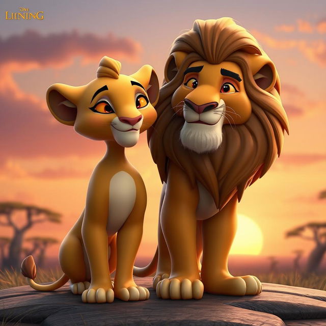 A 3D character design featuring Sarabi and Mufasa from The Lion King, portrayed in a warm and affectionate scene