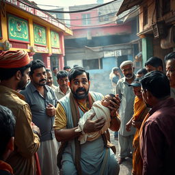 A dramatic scene in a vibrant village setting where power, faith, and corruption intertwine