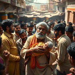 A dramatic scene in a vibrant village setting where power, faith, and corruption intertwine
