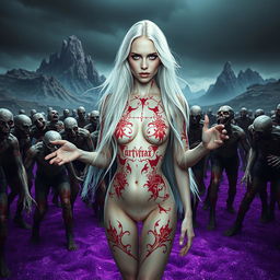 A strikingly beautiful white woman with long, flowing white hair and mesmerizing blue eyes, standing naked in a dark, barren landscape characterized by skillful, towering mountains