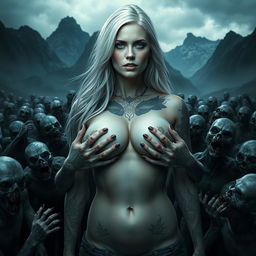 A striking image of a white woman with massive breasts, blue eyes, and long white hair, standing in a dark landscape with looming skill mountains