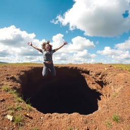 A dynamic scene of a person energetically leaping into a large hole in the ground, surrounded by a backdrop of a vibrant, colorful landscape