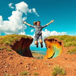A dynamic scene of a person energetically leaping into a large hole in the ground, surrounded by a backdrop of a vibrant, colorful landscape
