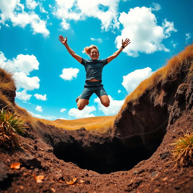 A dynamic scene of a person energetically leaping into a large hole in the ground, surrounded by a backdrop of a vibrant, colorful landscape