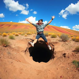 A dynamic scene of a person energetically leaping into a large hole in the ground, surrounded by a backdrop of a vibrant, colorful landscape