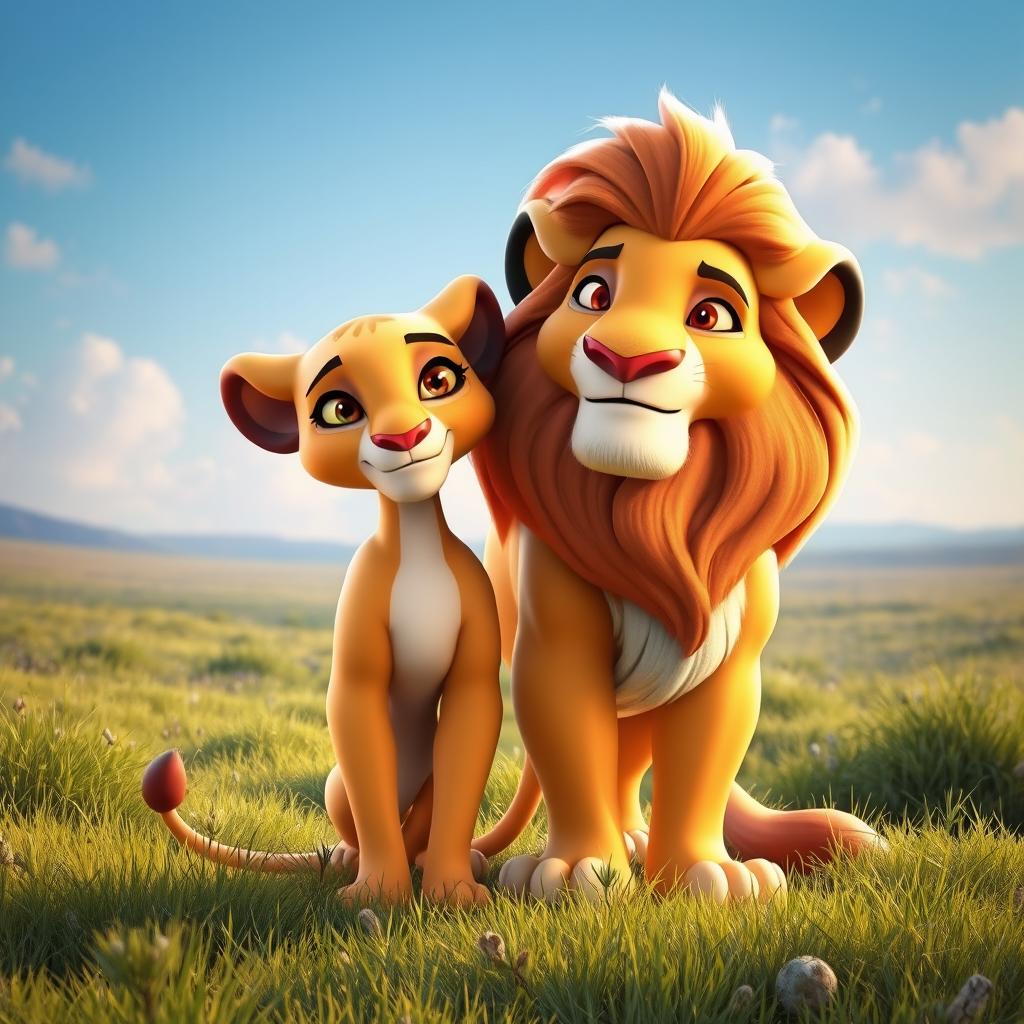 A 3D character design featuring Sarabi and Mufasa from The Lion King, portrayed in a loving and serene setting