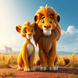A 3D character design featuring Sarabi and Mufasa from The Lion King, portrayed in a loving and serene setting