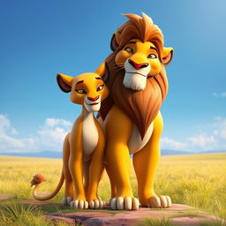 A 3D character design featuring Sarabi and Mufasa from The Lion King, portrayed in a loving and serene setting