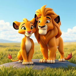 A 3D character design featuring Sarabi and Mufasa from The Lion King, portrayed in a loving and serene setting