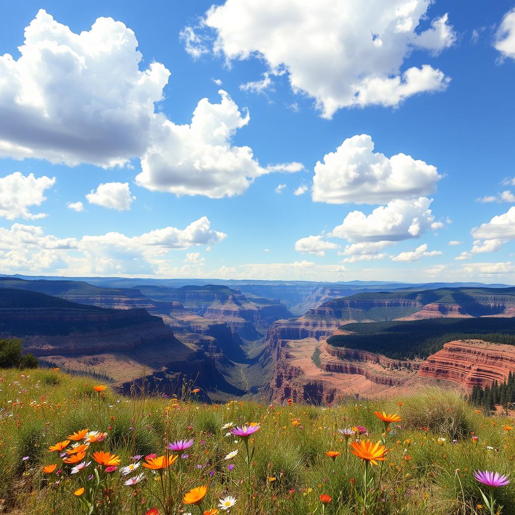 A large and expansive natural landscape featuring a grand canyon or a vast open field, emphasizing the scale and beauty of the scene with rich colors and details