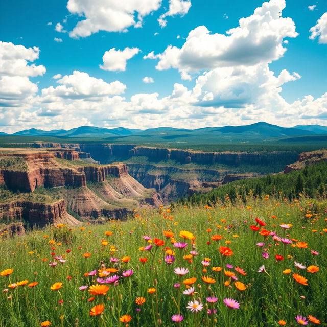 A large and expansive natural landscape featuring a grand canyon or a vast open field, emphasizing the scale and beauty of the scene with rich colors and details