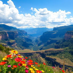 A large and expansive natural landscape featuring a grand canyon or a vast open field, emphasizing the scale and beauty of the scene with rich colors and details