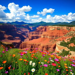 A large and expansive natural landscape featuring a grand canyon or a vast open field, emphasizing the scale and beauty of the scene with rich colors and details
