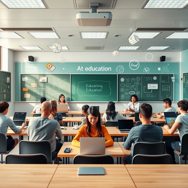 A virtual classroom set in the Sky Room platform, featuring a modern and vibrant learning environment