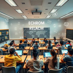 A virtual classroom set in the Sky Room platform, featuring a modern and vibrant learning environment