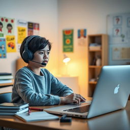 A student sitting at a desk engaged in virtual classroom activities, participating in a Skyroom online class