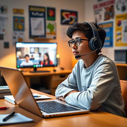 A student sitting at a desk engaged in virtual classroom activities, participating in a Skyroom online class