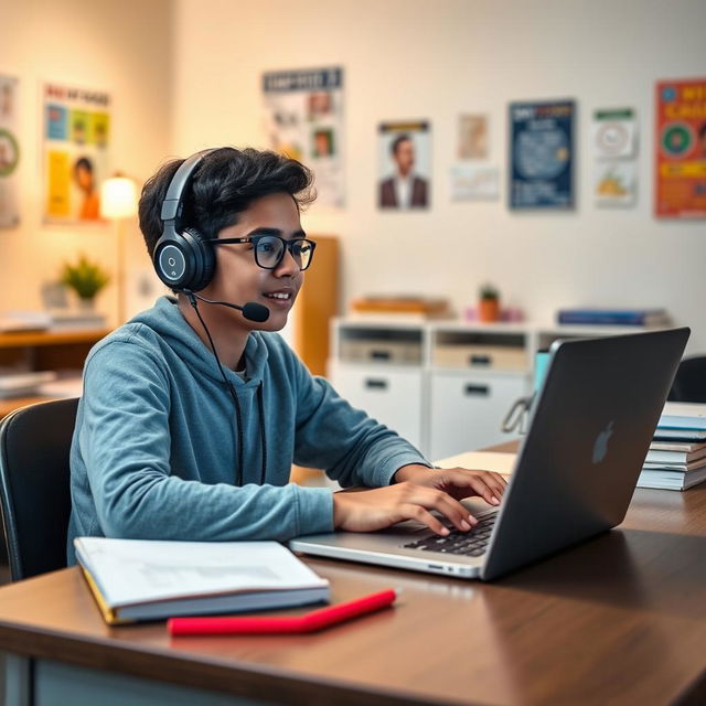 A student sitting at a desk engaged in virtual classroom activities, participating in a Skyroom online class