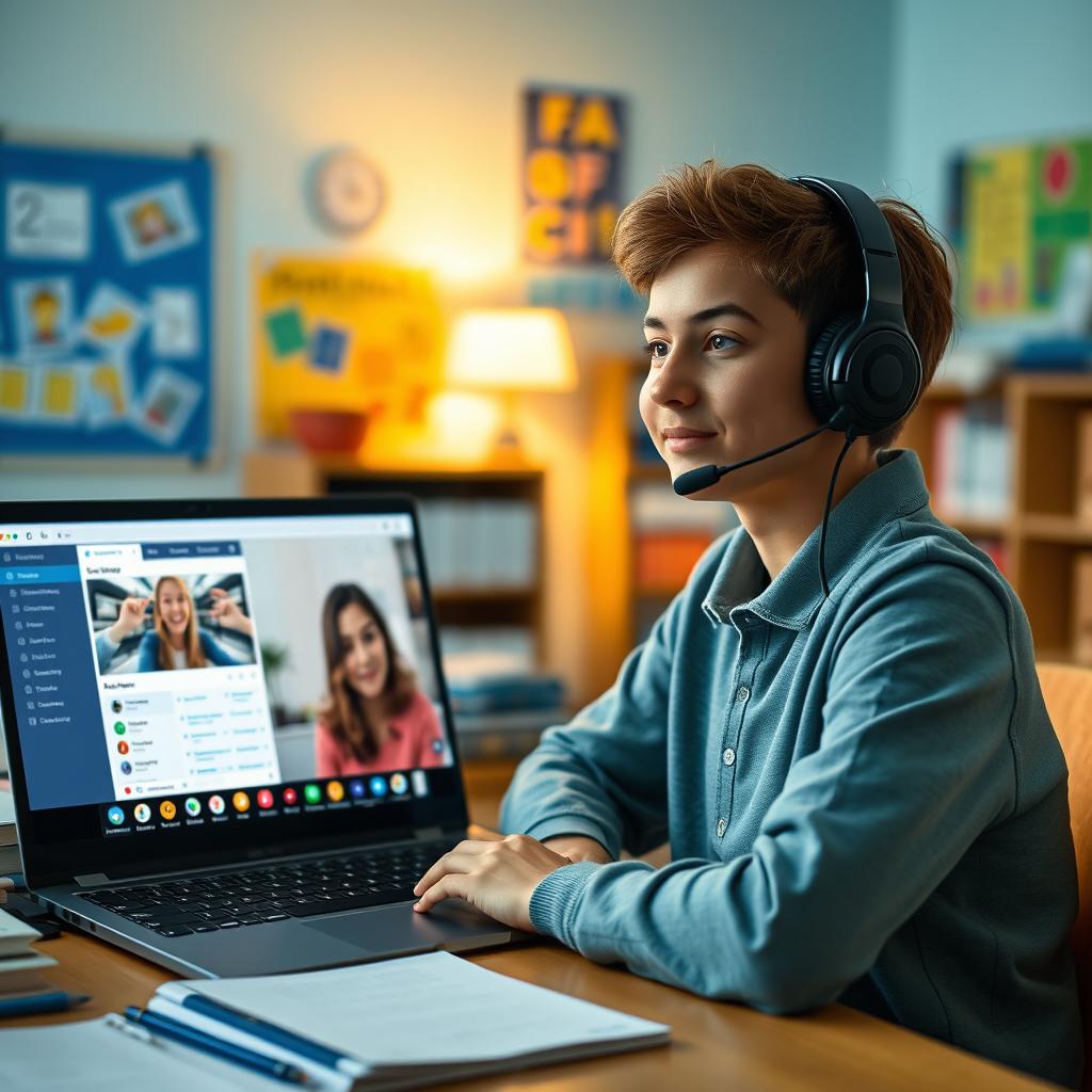 A student sitting at a desk engaged in virtual classroom activities, participating in a Skyroom online class