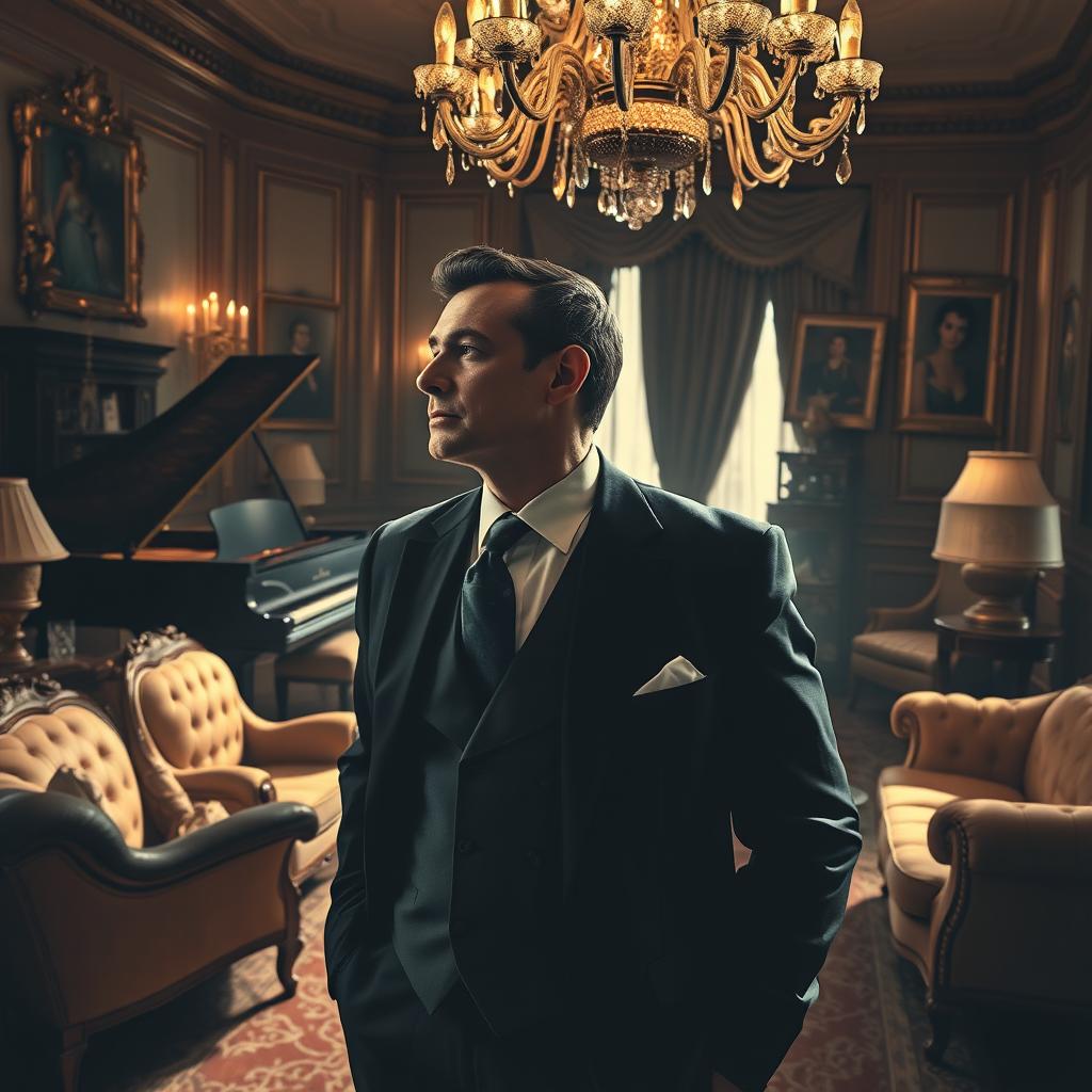 An artistic representation of a wealthy man surrounded by luxury, yet exuding a sense of loneliness and despair
