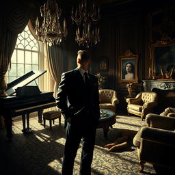 An artistic representation of a wealthy man surrounded by luxury, yet exuding a sense of loneliness and despair