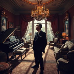 An artistic representation of a wealthy man surrounded by luxury, yet exuding a sense of loneliness and despair