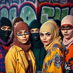 A group of diverse women wearing stylish balaclavas in an urban setting