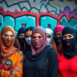 A group of diverse women wearing stylish balaclavas in an urban setting
