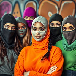 A group of diverse women wearing stylish balaclavas in an urban setting