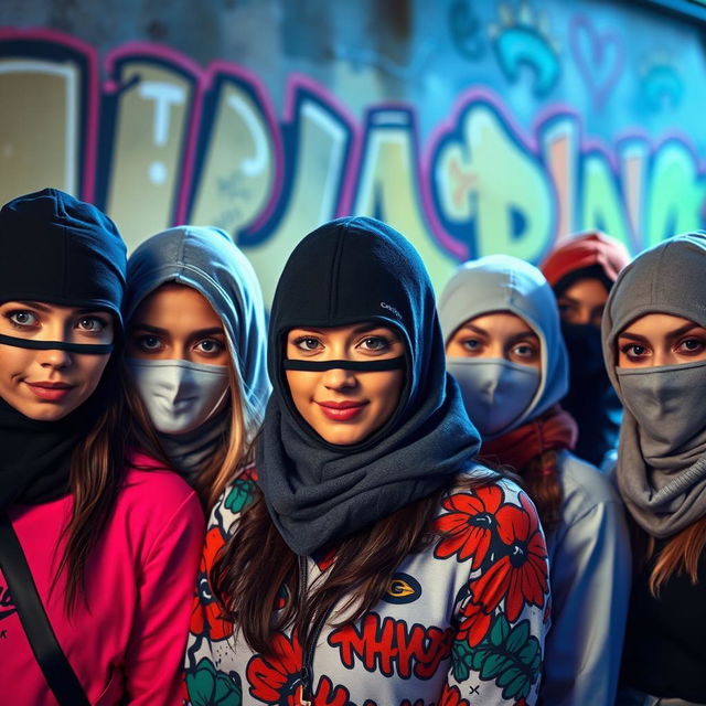 A group of diverse women wearing stylish balaclavas in an urban setting