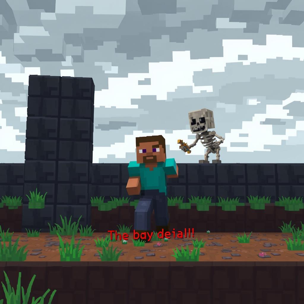 A Minecraft scene depicting a player character on the brink of death, surrounded by ominous dark blocks and a menacing baby skeleton approaching from the shadows