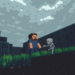 A Minecraft scene depicting a player character on the brink of death, surrounded by ominous dark blocks and a menacing baby skeleton approaching from the shadows