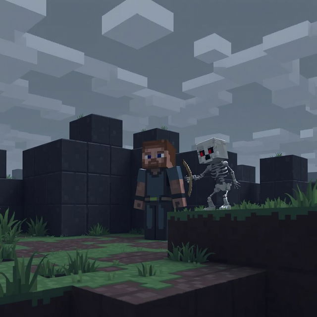 A Minecraft scene depicting a player character on the brink of death, surrounded by ominous dark blocks and a menacing baby skeleton approaching from the shadows