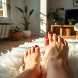 A close-up view of a pair of attractive, well-pedicured feet resting on a soft, fluffy white rug