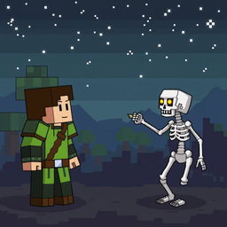 In a pixelated Minecraft world, a lone player character is facing a baby skeleton, who is shooting arrows from a distance