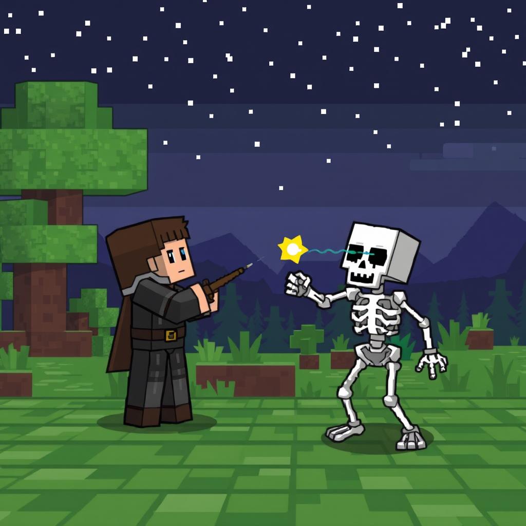 In a pixelated Minecraft world, a lone player character is facing a baby skeleton, who is shooting arrows from a distance