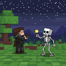 In a pixelated Minecraft world, a lone player character is facing a baby skeleton, who is shooting arrows from a distance