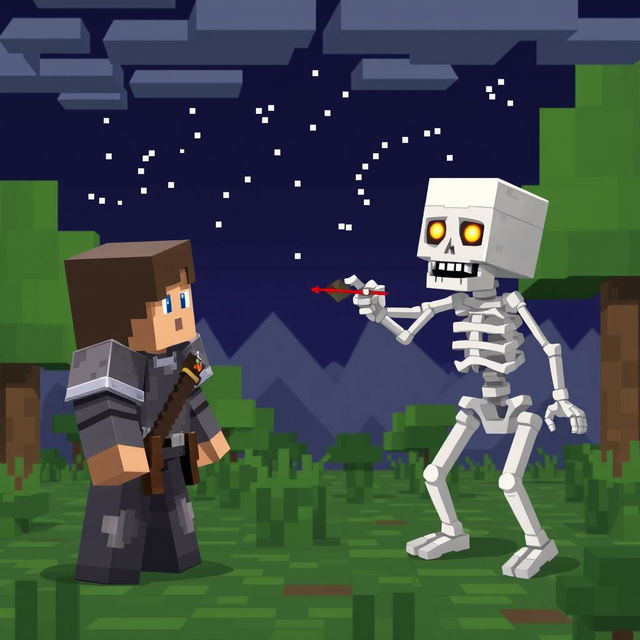 In a pixelated Minecraft world, a lone player character is facing a baby skeleton, who is shooting arrows from a distance