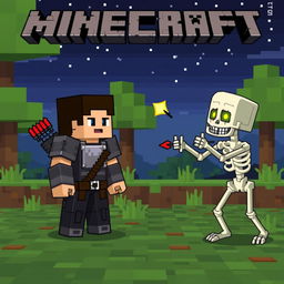 In a pixelated Minecraft world, a lone player character is facing a baby skeleton, who is shooting arrows from a distance