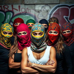 A striking image of women wearing colorful balaclava masks, showcasing a variety of vibrant patterns and styles